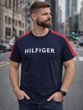 Tommy Hilfiger Men’s T-Shirt XL Dark Navy Logo Tee Red Shoulder Stripes